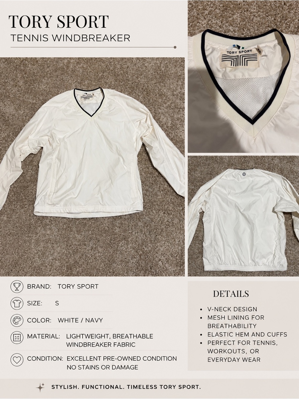 Tory Burch Sport White V-Neck Windbreaker sz XS